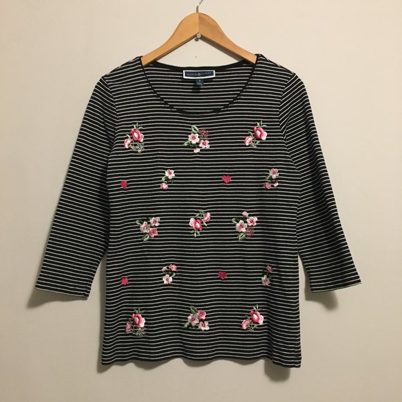 Karen Scott Tops - Karen Scott Pinstripe Cotton Jersey Long Sleeve Tee Floral Embroidered French Gi
